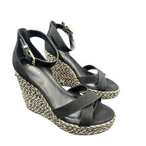 Express Black Wedge Ankle Strap High Sandals Buckle Resort Beach Size 9